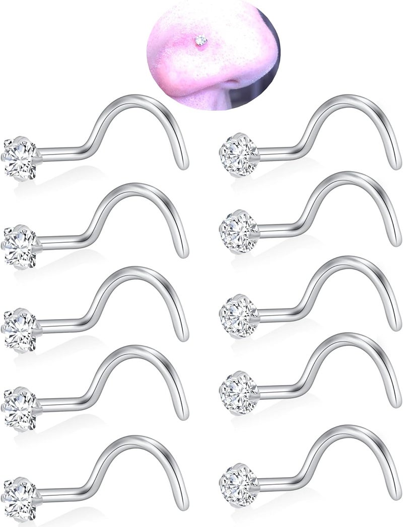 XoCiuKe 10Pcs 20G Nose Rings Studs for Women Corkscrew Sliver Nose Studs Hypoallergenic Nose Rings 316L Surgical Stainless Steel Nose Nostril Percing Jewely for Women Men Round Square CZ Imitation Diamond 1.5mm/2.0mm/2.5mm/3.0mm - Image 1